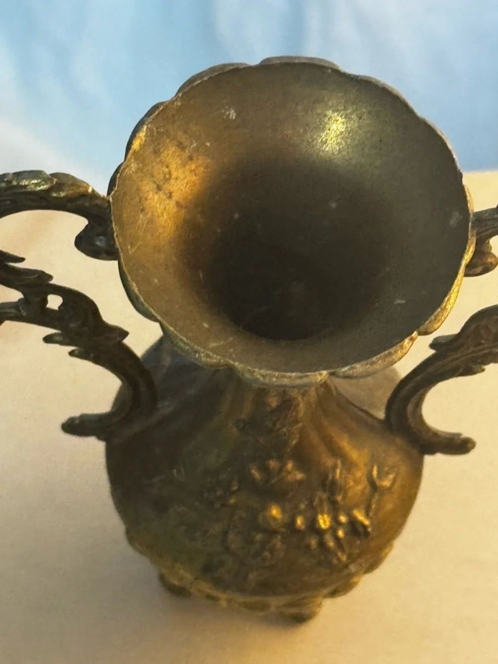 Vintage Italian Brass Bud Vase Renaissance-style Floral Dual Handles Ornate Set